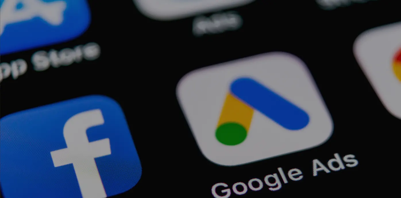 Smartphone screen featuring digital advertising app icons for Google Ads, Meta Ads, and Snapchat Ads.